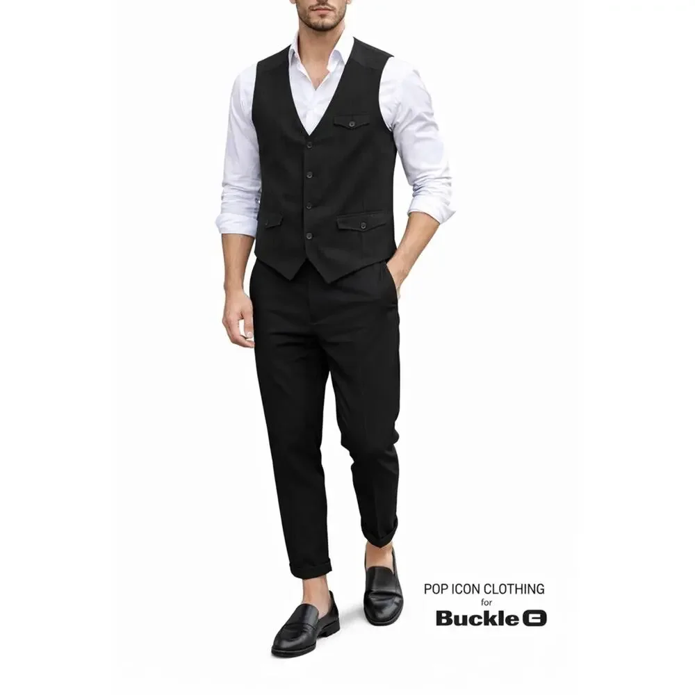 Pop Icon Clothing Black Pinstripe Vest Mens Plaid‎ Lined V-Neck Button Front xl